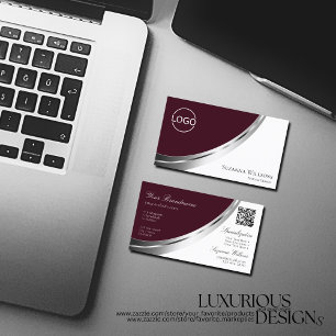 Burgundy White Silver Decor with Logo and QR-Code Business Card