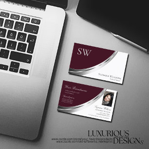 Burgundy White Silver Decor with Monogram & Photo Business Card