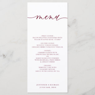 Burgundy White Simple Script Wedding Dinner Menu