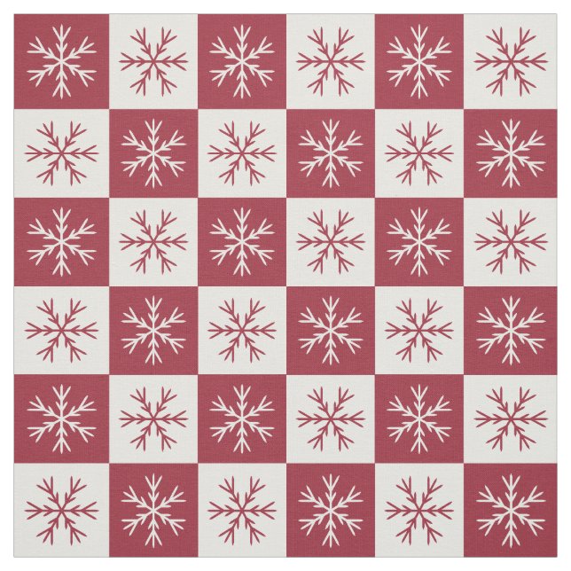 Burgundy White Snowflake Checkered Pattern Fabric (Swatch)