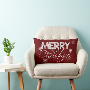 Burgundy & White Snowflakes   Merry Christmas Lumbar Cushion