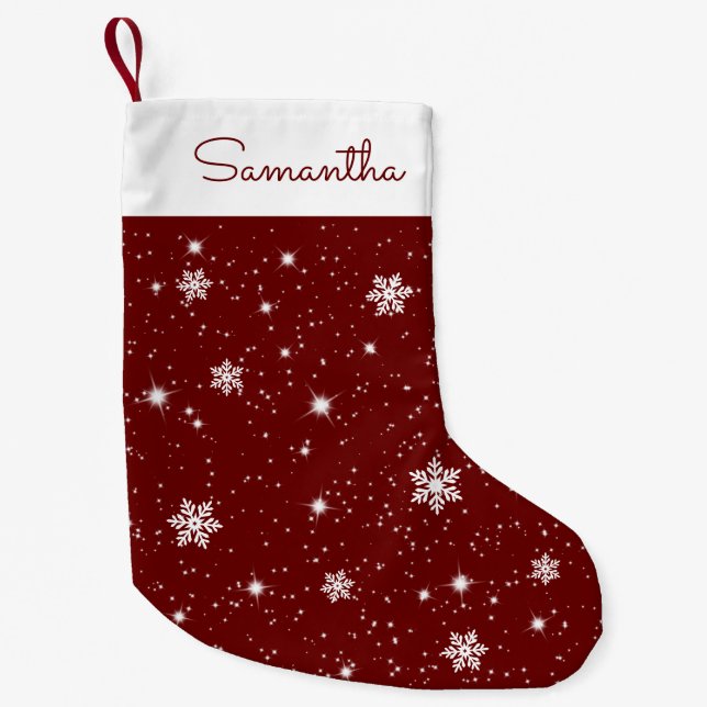 Burgundy White Snowflakes Stars Pattern with Name Small Christmas Stocking (Front)