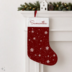 Burgundy White Snowflakes Stars Pattern with Name Small Christmas Stocking
