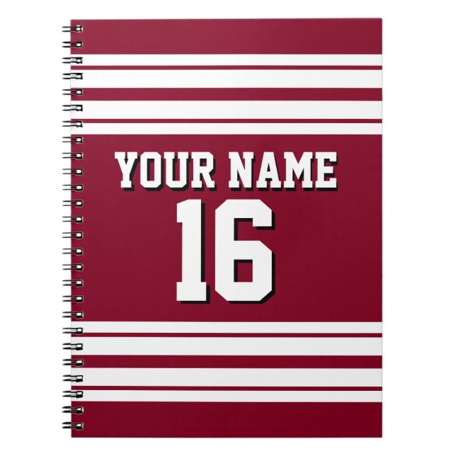 Burgundy White Team Jersey Custom Number Name Notebook (Front)