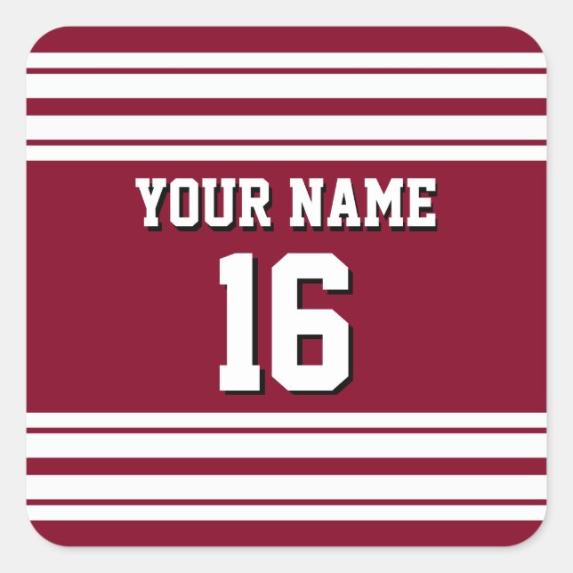 Burgundy White Team Jersey Custom Number Name Square Sticker (Front)