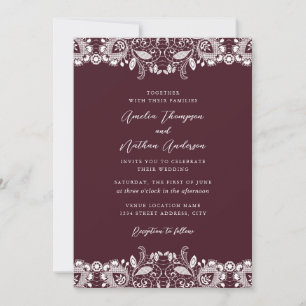 Burgundy White Vintage Lace Wedding Invitation