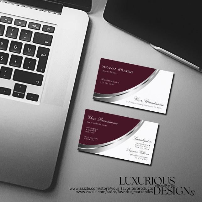 Burgundy White with Decorative faux Silver Decor Business Card (Creator Uploaded)