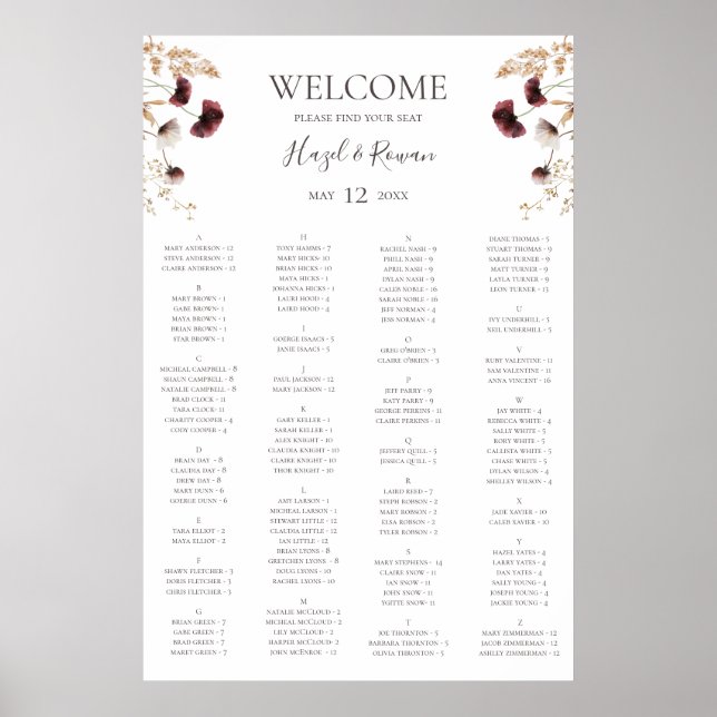 Burgundy Wildflower | Alphabetical Seating Chart (Front)