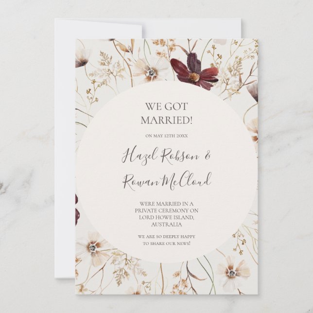 Burgundy Wildflower | Beige Elopement Announcement (Front)