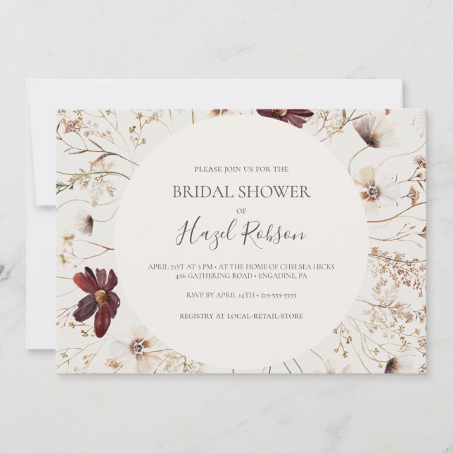 Burgundy Wildflower Beige Horizontal Bridal Shower Invitation (Front)