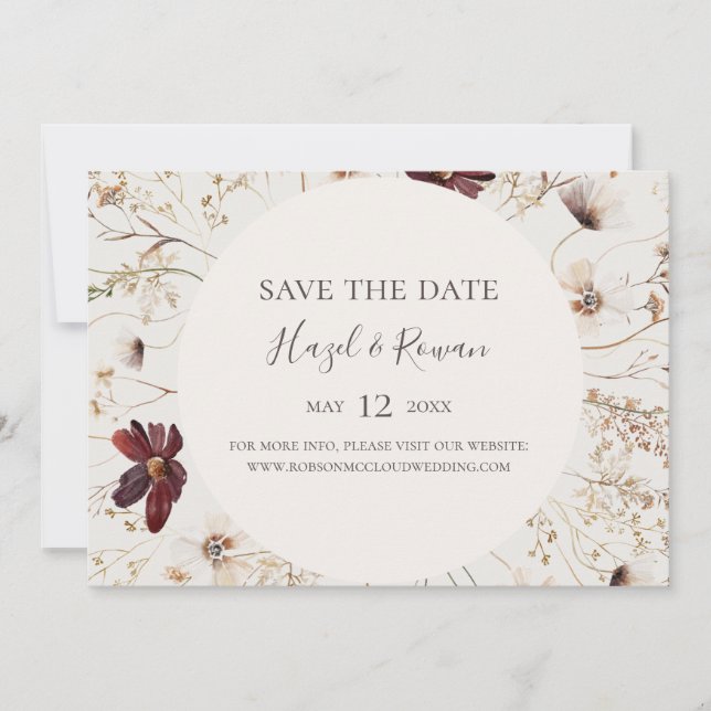 Burgundy Wildflower Beige Horizontal Save the Date (Front)