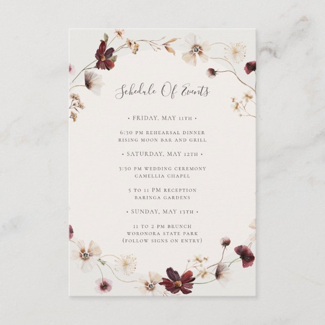 Burgundy Wildflower | Beige Schedule Of Events Enclosure Card (Front)