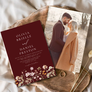 Burgundy Wildflower Photo Garden Wedding Invitation