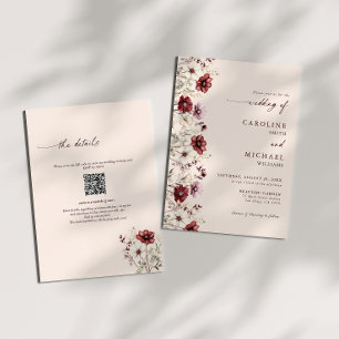 Burgundy Wildflower QR Code Wedding Invitation