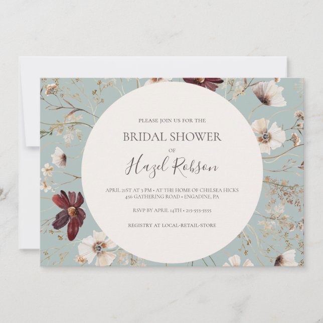 Burgundy Wildflower Teal Horizontal Bridal Shower Invitation (Front)