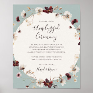 Burgundy Wildflower   Teal Unplugged Ceremony Sign