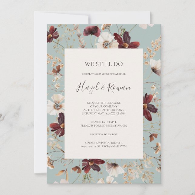 Burgundy Wildflower | Teal We Still Do Vow Renewal Invitation (Front)