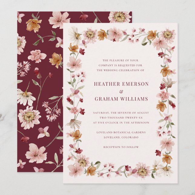 Burgundy Wildflower Wedding Invitation (Front/Back)
