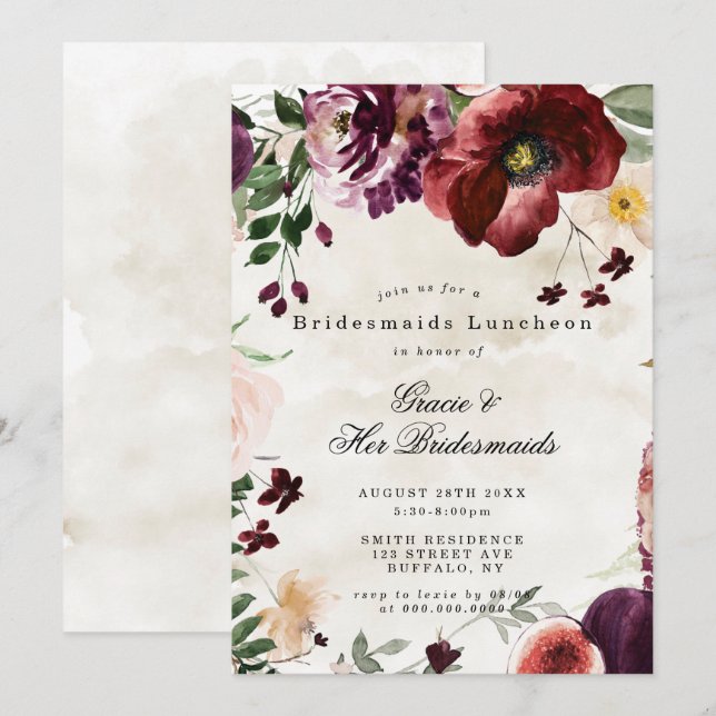 Burgundy Wildflowers Bridesmaids Luncheon Invite (Front/Back)