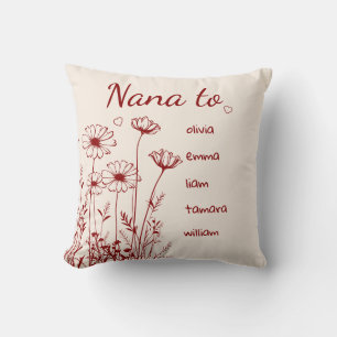 Burgundy Wildflowers Grandchildrens Names Nana Cushion