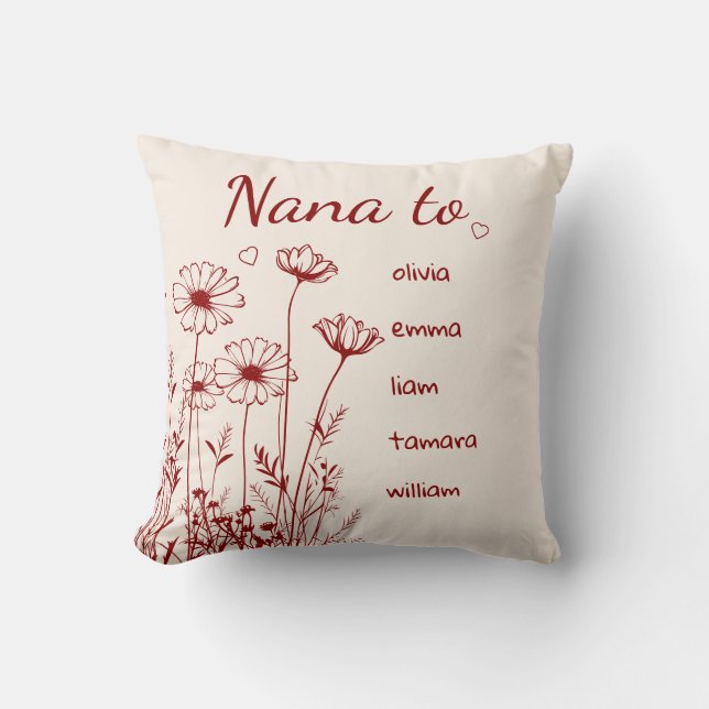 Burgundy Wildflowers Grandchildrens Names Nana Cushion (Front)