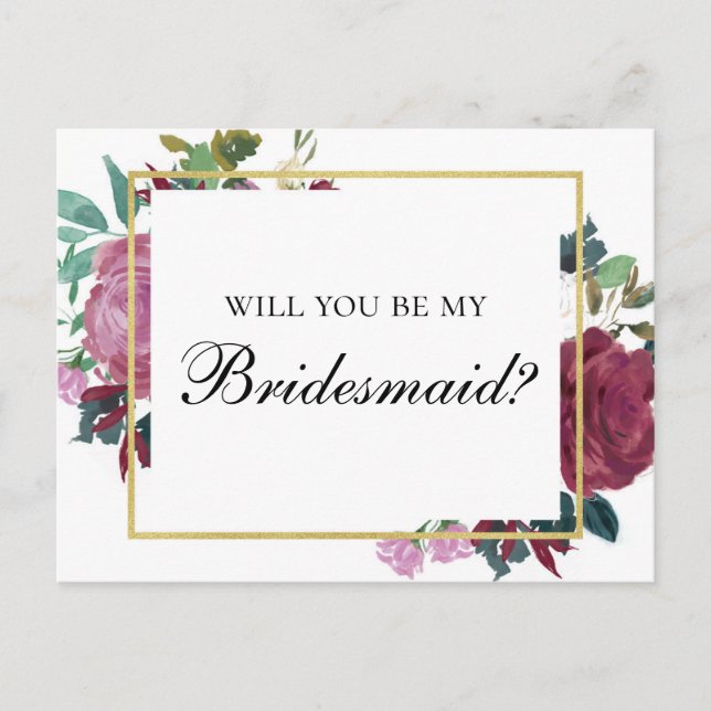 Burgundy Will you be my bridesmaid. Maroon flowers Invitation Postcard (Front)