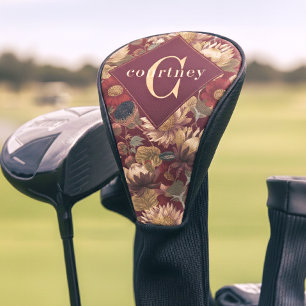 Burgundy William Morris Floral Elegant Monogram Golf Head Cover