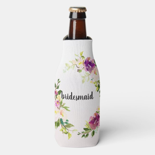 Burgundy Wine and Pink Watercolor Floral Bottle Cooler (Bottle Front)