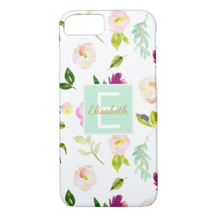 Burgundy Wine and Pink Watercolor Floral Monogram iPhone 8/7 Case