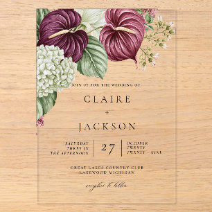 Burgundy Wine Anthurium and Hydrangea Wedding Acrylic Invitations