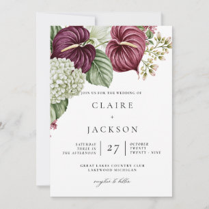 Burgundy Wine Anthurium and Hydrangea Wedding Invitation