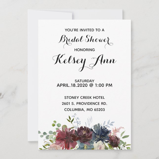 Burgundy Wine & Blue Bouquet Bridal Shower Invite (Front)