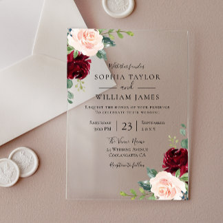 Burgundy Wine & Blush Floral Wedding Acrylic Invitations