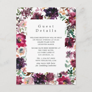 Burgundy Wine Boho Floral Wedding Guest Details Enclosure Card