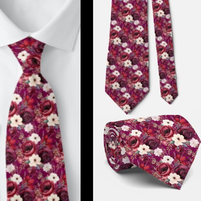 Burgundy Wine Boho Watercolor Flowers Tie (Creator Uploaded)