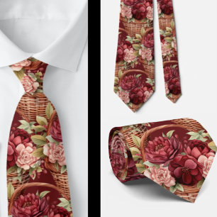 Burgundy Wine Boho Watercolor Flowers Tie