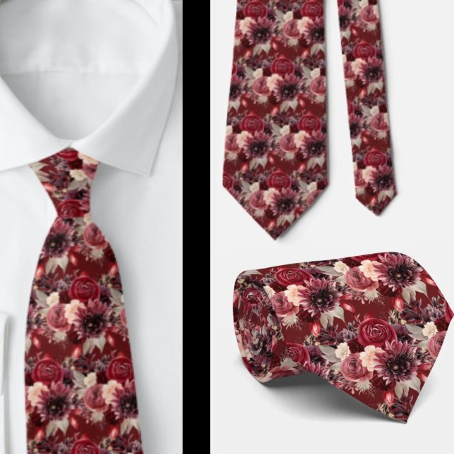 Burgundy Wine Boho Watercolor Flowers Tie (Creator Uploaded)