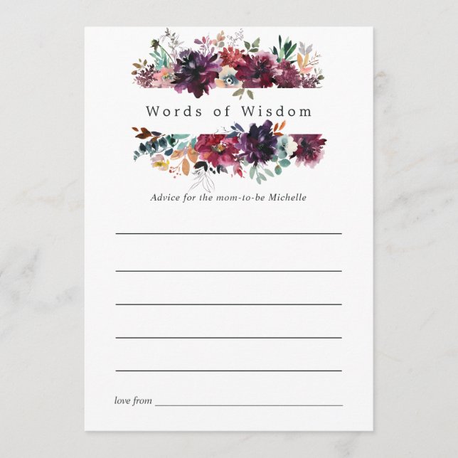 Burgundy Wine Colour Floral Bridal Shower Advice Card (Front)