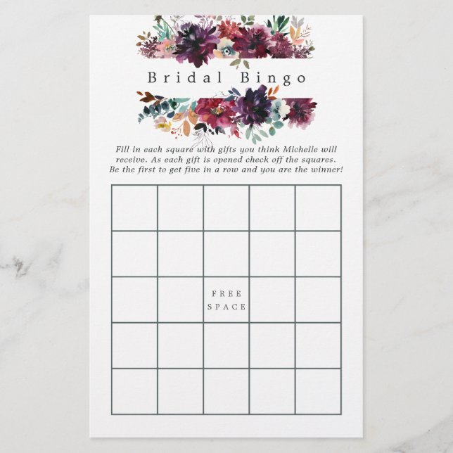 Burgundy Wine Colour Floral Bridal Shower Bingo (Front)