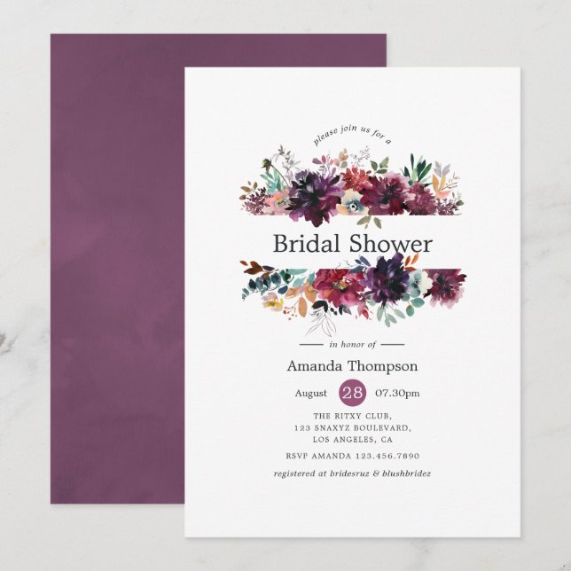 Burgundy Wine Colour Floral Bridal Shower Invitation (Front/Back)