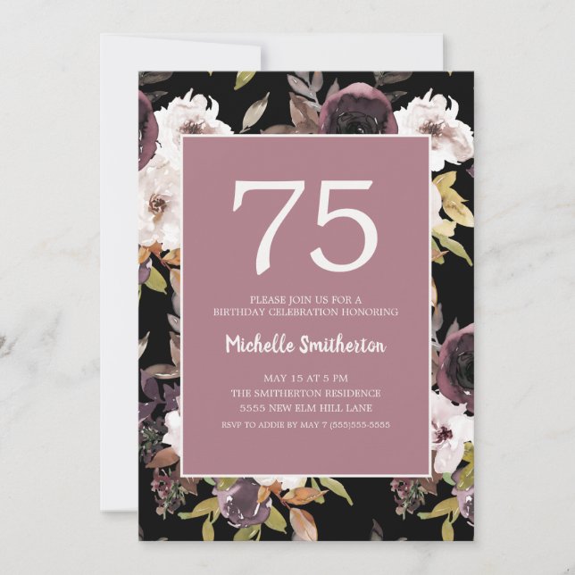 Burgundy Wine Cream Floral 75th Birthday Invitation (Front)