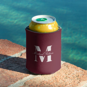 Burgundy Wine Custom Monogram Wedding Groomsmen Can Cooler