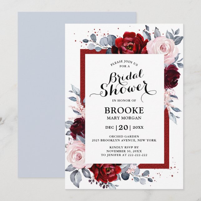 Burgundy Wine Dusty Blue Slate Bridal Shower Invitation (Front/Back)