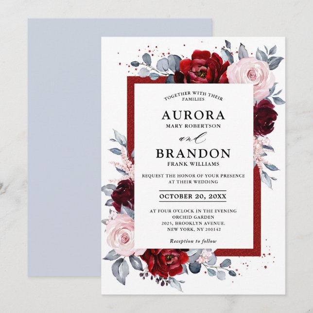 Burgundy Wine Dusty Blue Slate Floral Wedding Invitation (Front/Back)