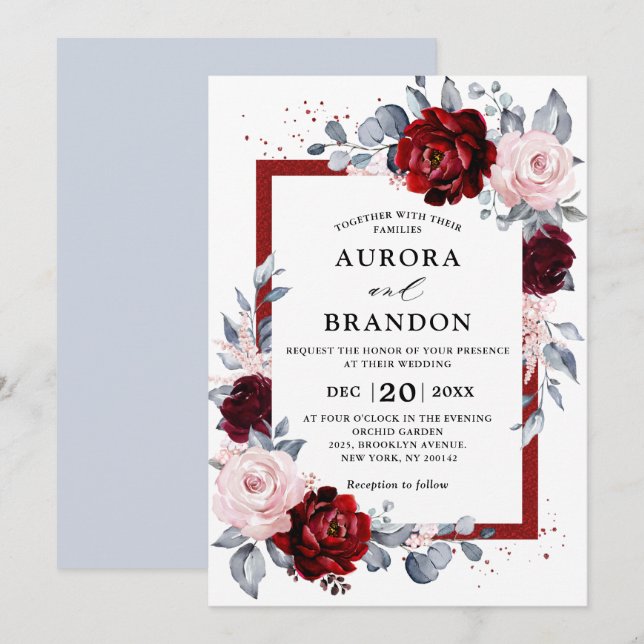 Burgundy Wine Dusty Blue Slate Floral Wedding Invitation (Front/Back)