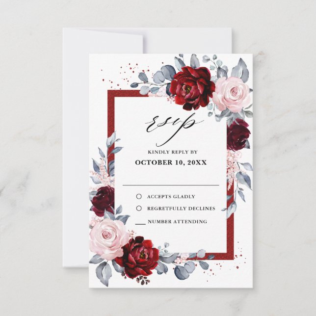 Burgundy Wine Dusty Blue Slate Floral Wedding RSVP Card (Front)