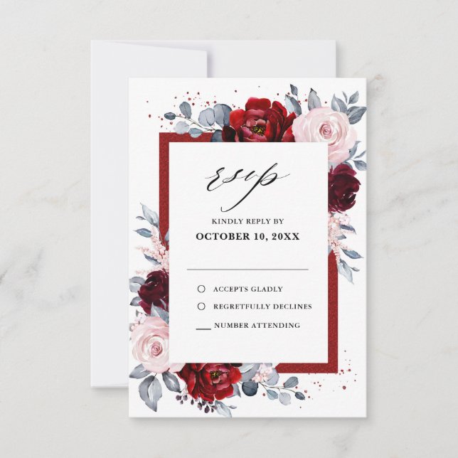 Burgundy Wine Dusty Blue Slate Floral Wedding RSVP Card (Front)