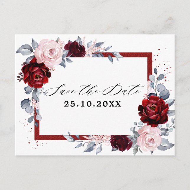 Burgundy Wine Dusty Blue Slate Save the Date Postcard (Front)