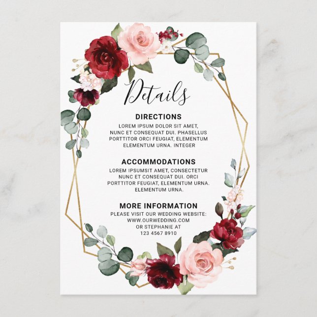 Burgundy Wine Dusty Blue Slate Wedding Details Enclosure Card (Front)