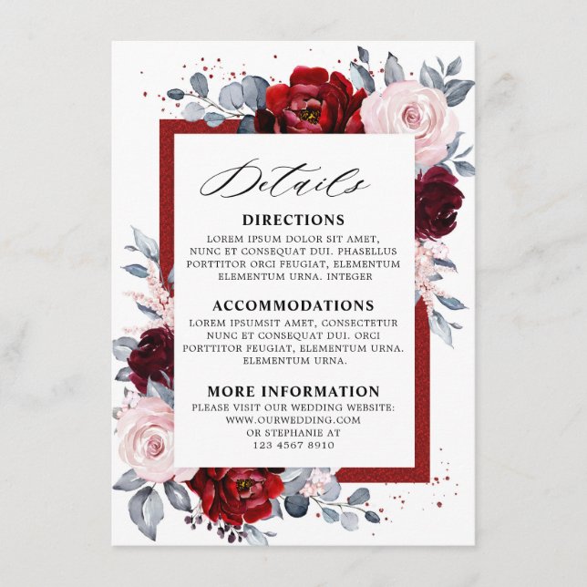 Burgundy Wine Dusty Blue Slate Wedding Details Enclosure Card (Front)